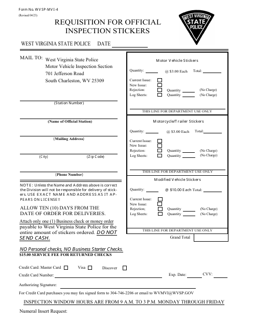 Form WVSP-MVI-4 Requisition for Official Inspection Stickers - West Virginia