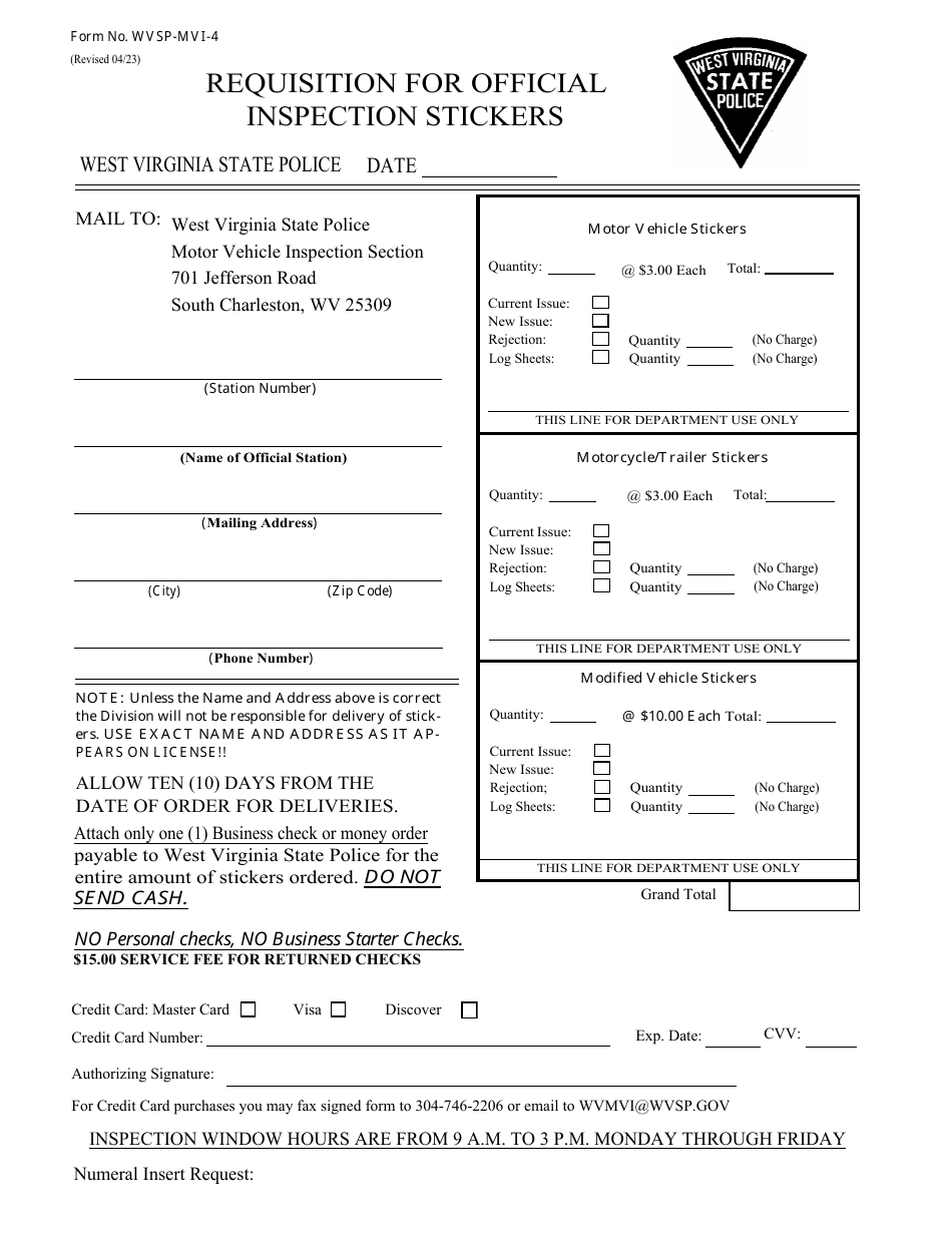 Form WVSP-MVI-4 Requisition for Official Inspection Stickers - West Virginia, Page 1