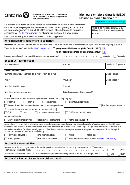 Forme 89-1889F Meilleurs Emplois Ontario (Meo) Demande D'aide Financiere - Ontario, Canada (French)