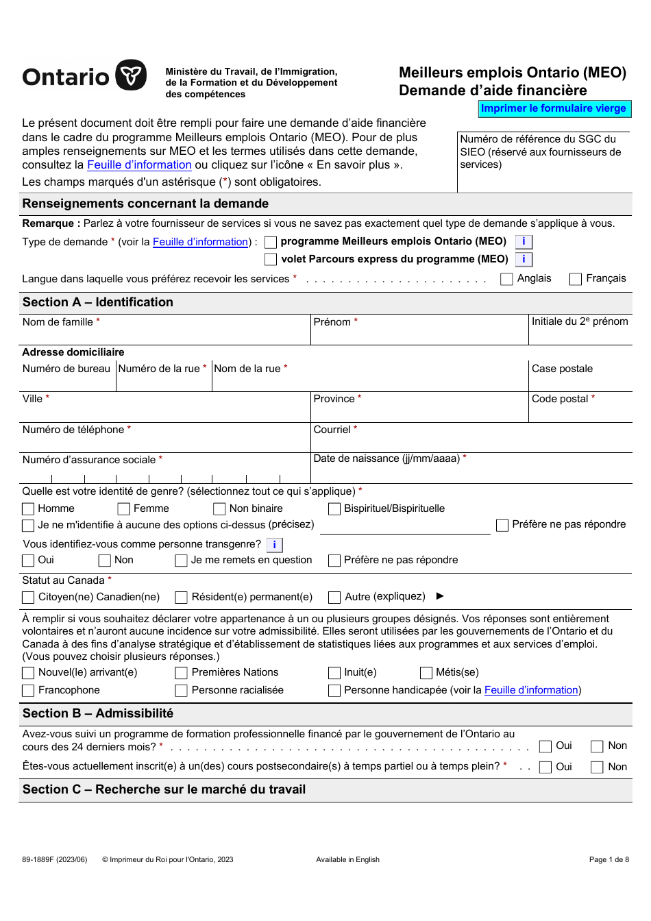 Forme 89-1889F Meilleurs Emplois Ontario (Meo) Demande Daide Financiere - Ontario, Canada (French), Page 1