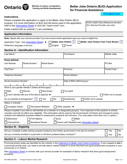 Form 89-1889E Better Jobs Ontario (Bjo) Application for Financial Assistance - Ontario, Canada