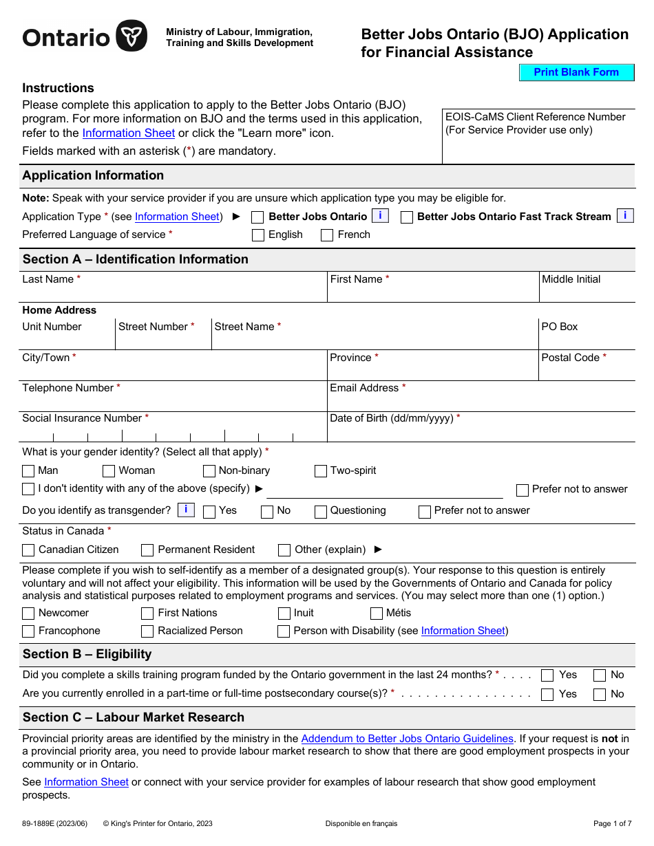 Form 89-1889E Better Jobs Ontario (Bjo) Application for Financial Assistance - Ontario, Canada, Page 1
