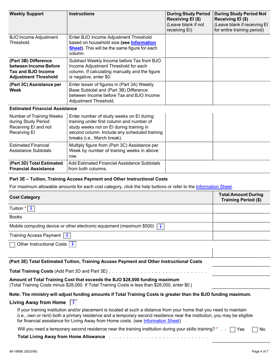 Form 89-1889E Better Jobs Ontario (Bjo) Application for Financial Assistance - Ontario, Canada, Page 4