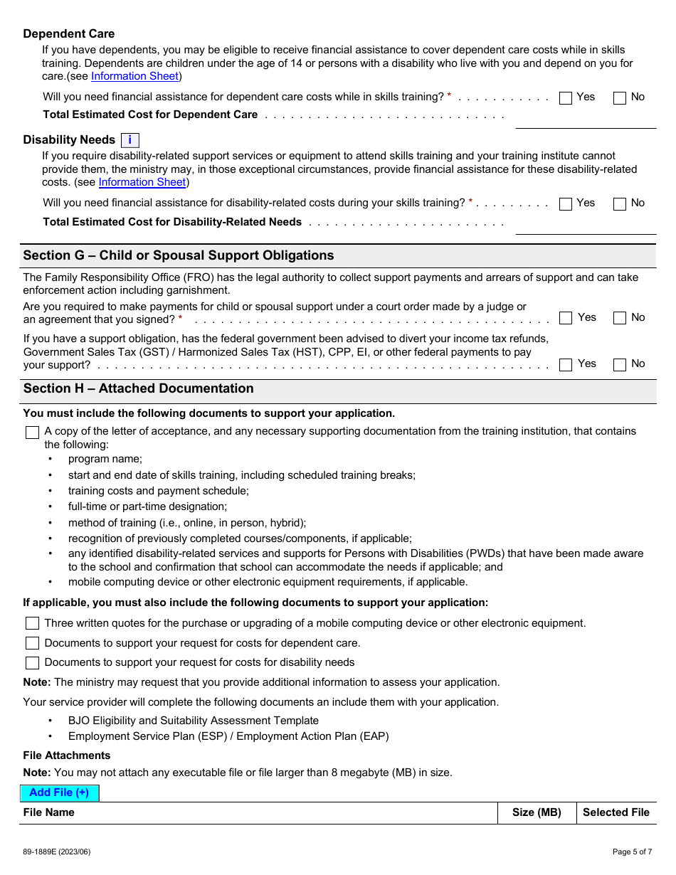 Form 89-1889E Better Jobs Ontario (Bjo) Application for Financial Assistance - Ontario, Canada, Page 5
