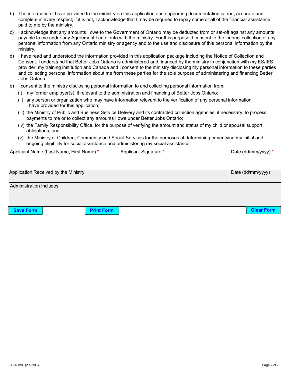 Form 89-1889E Better Jobs Ontario (Bjo) Application for Financial Assistance - Ontario, Canada, Page 7