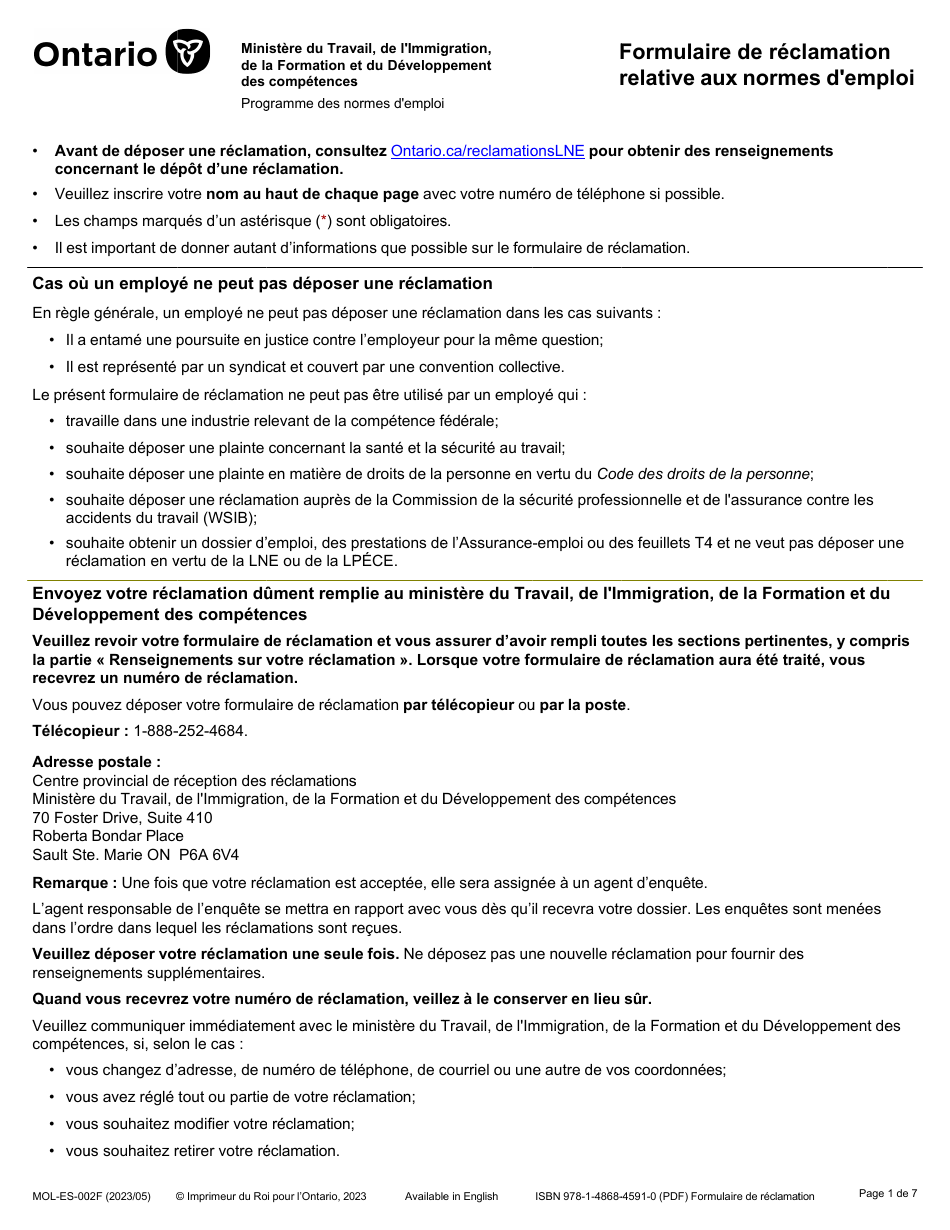 Forme MOL-ES-002F Formulaire De Reclamation Relative Aux Normes Demploi - Ontario, Canada (French), Page 1