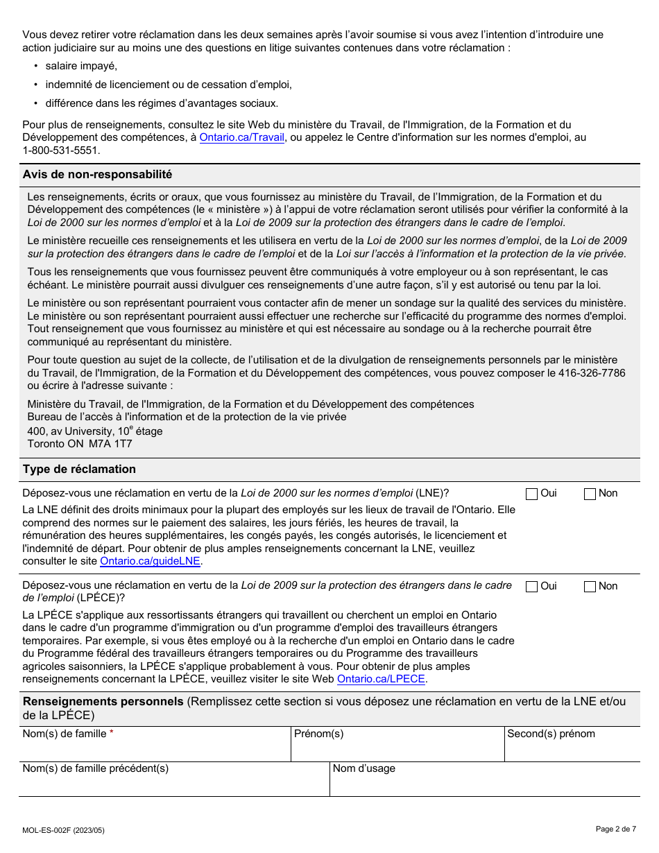 Forme MOL-ES-002F Formulaire De Reclamation Relative Aux Normes Demploi - Ontario, Canada (French), Page 2