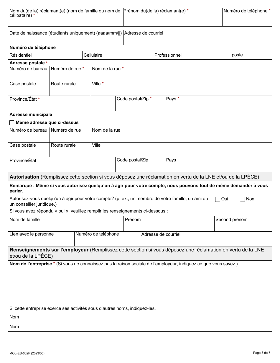 Forme MOL-ES-002F Formulaire De Reclamation Relative Aux Normes Demploi - Ontario, Canada (French), Page 3