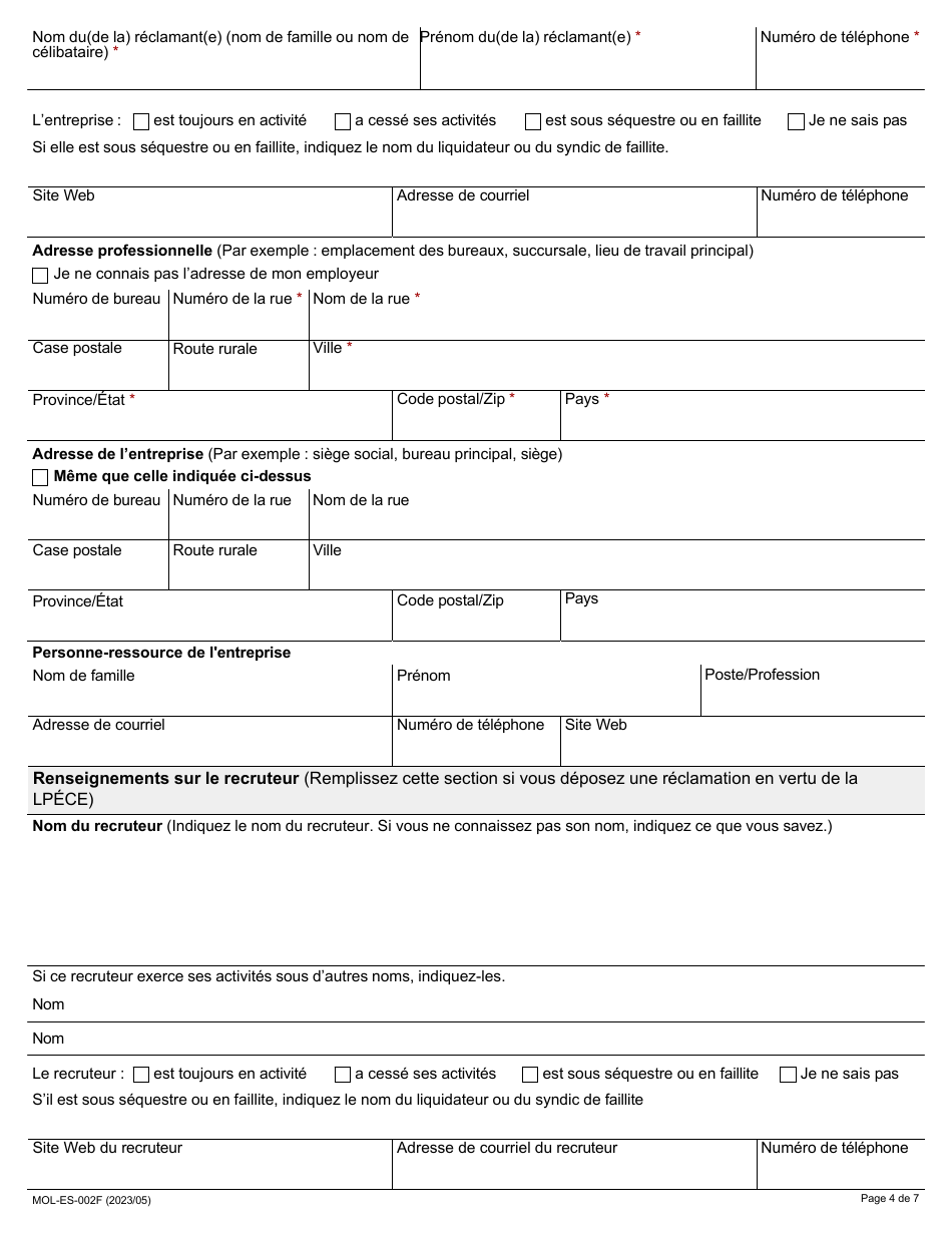 Forme MOL-ES-002F Formulaire De Reclamation Relative Aux Normes Demploi - Ontario, Canada (French), Page 4