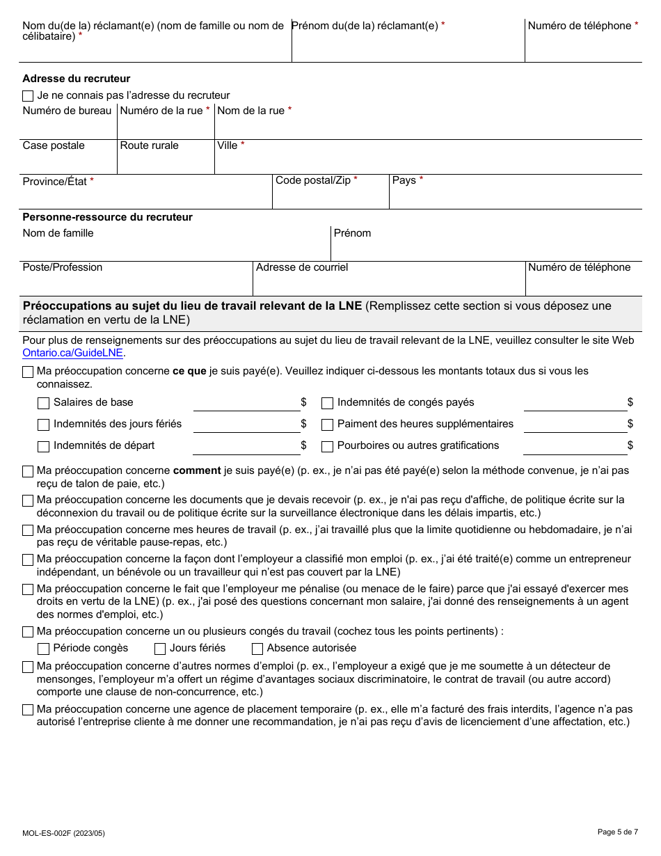 Forme MOL-ES-002F Formulaire De Reclamation Relative Aux Normes Demploi - Ontario, Canada (French), Page 5