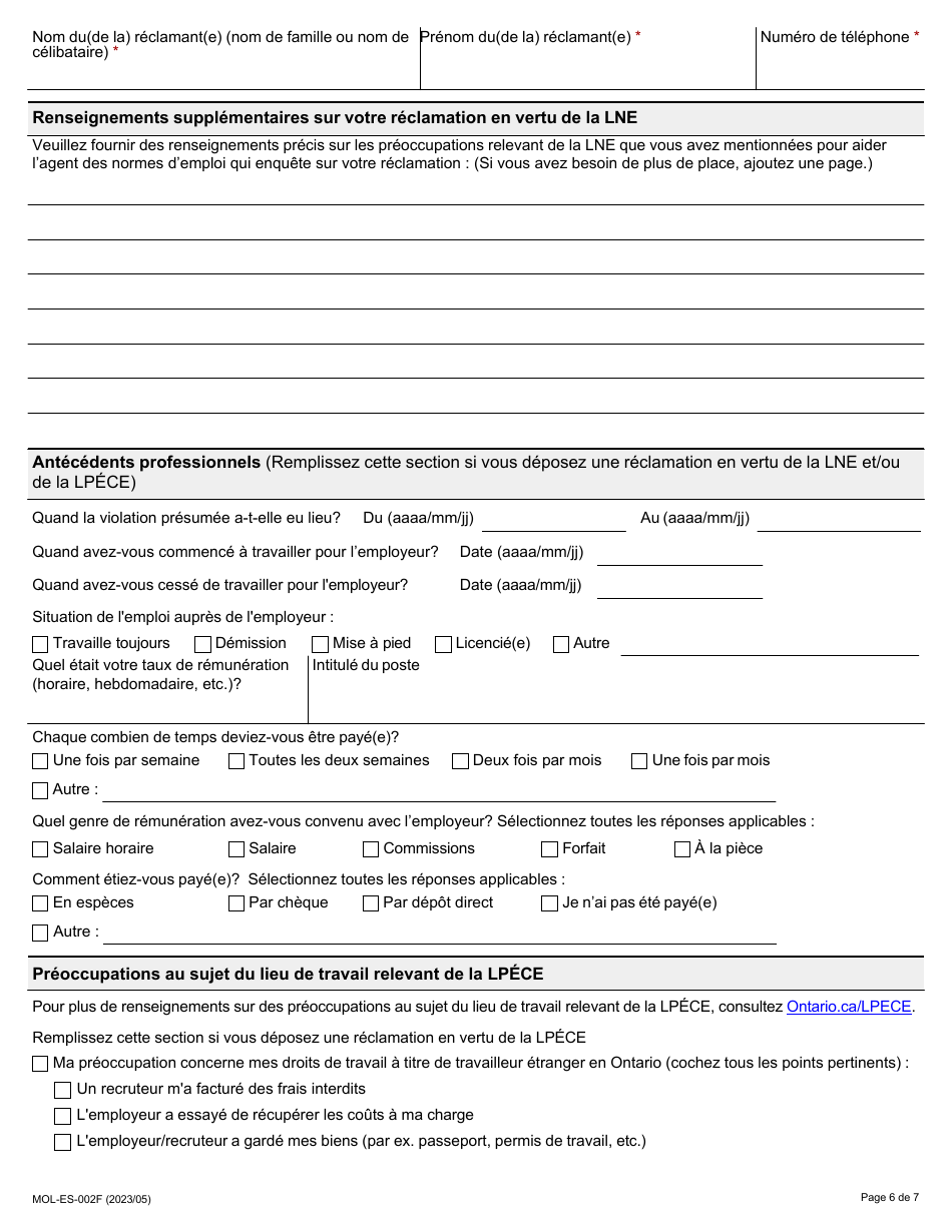 Forme MOL-ES-002F Formulaire De Reclamation Relative Aux Normes Demploi - Ontario, Canada (French), Page 6