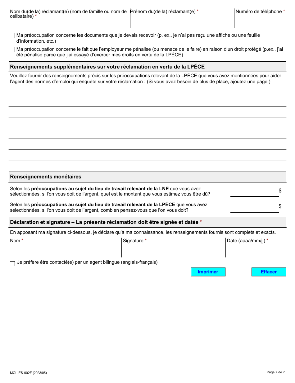 Forme MOL-ES-002F Formulaire De Reclamation Relative Aux Normes Demploi - Ontario, Canada (French), Page 7