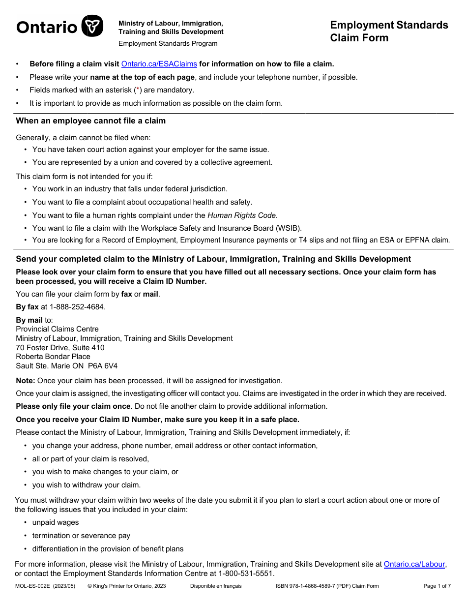 Form MOL-ES-002E Employment Standards Claim Form - Ontario, Canada, Page 1