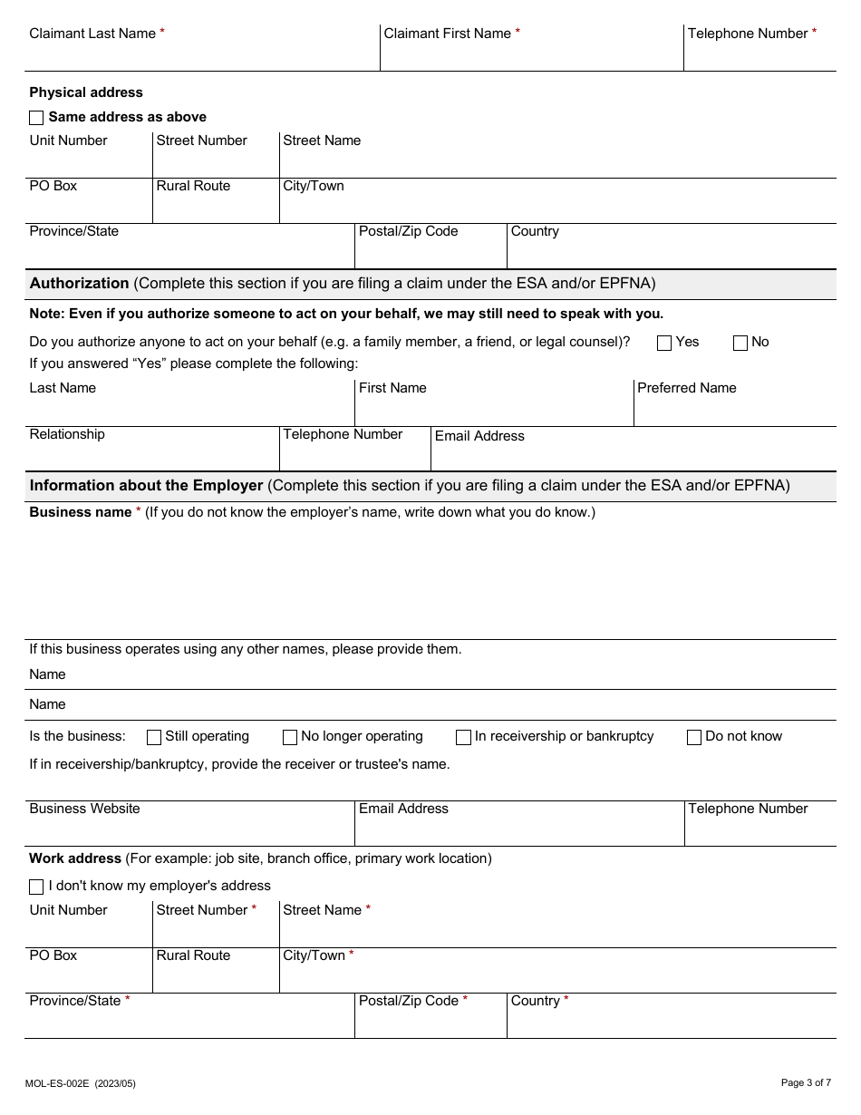 Form MOL-ES-002E Employment Standards Claim Form - Ontario, Canada, Page 3
