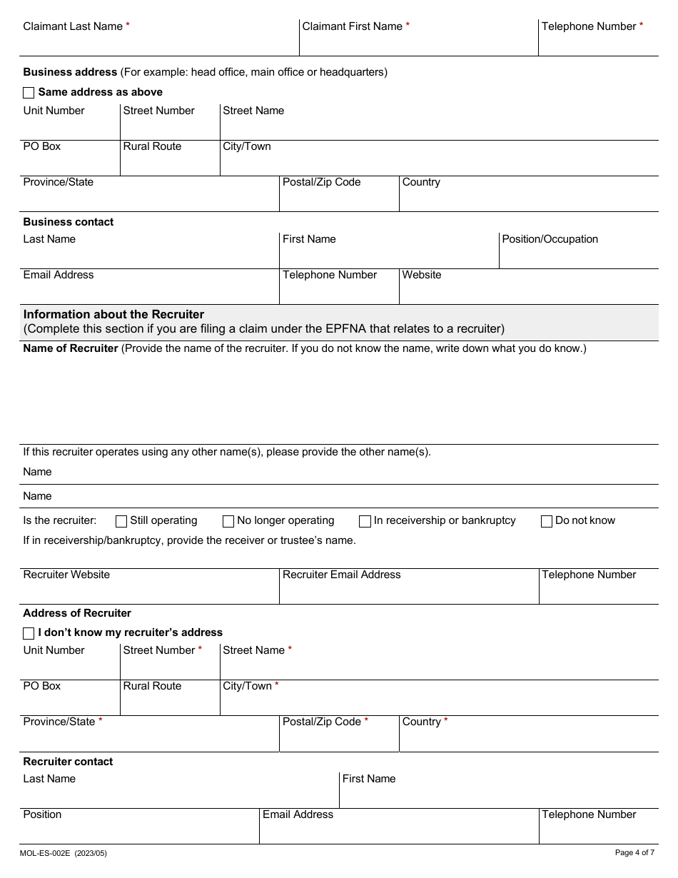 Form MOL-ES-002E Employment Standards Claim Form - Ontario, Canada, Page 4
