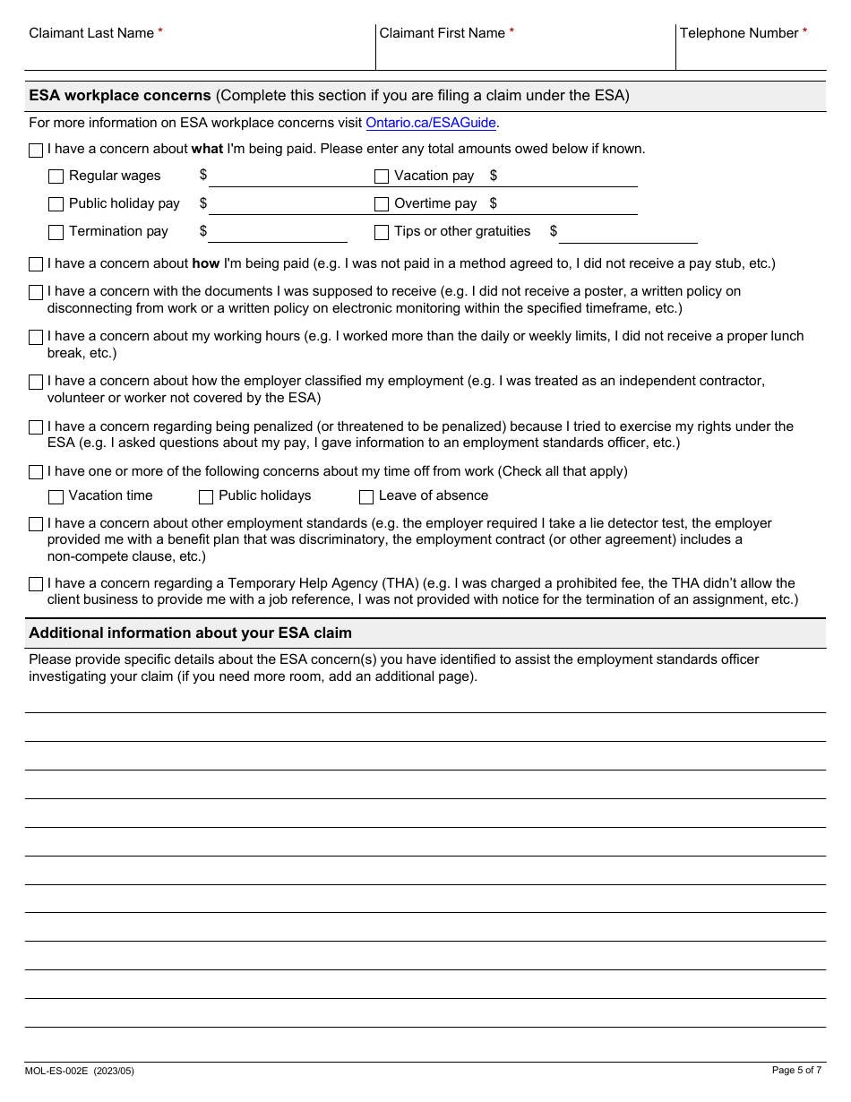 Form MOL-ES-002E Employment Standards Claim Form - Ontario, Canada, Page 5