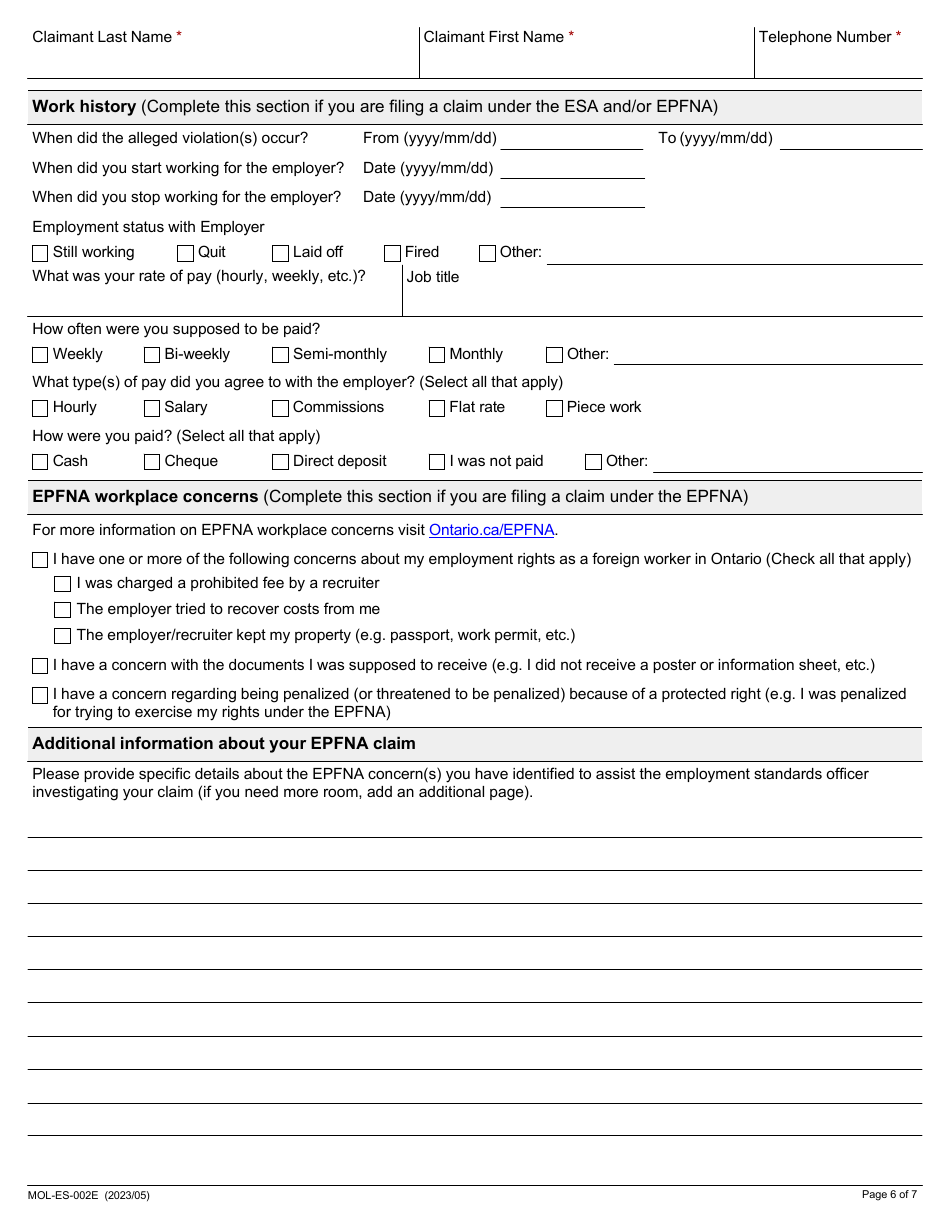Form MOL-ES-002E Employment Standards Claim Form - Ontario, Canada, Page 6