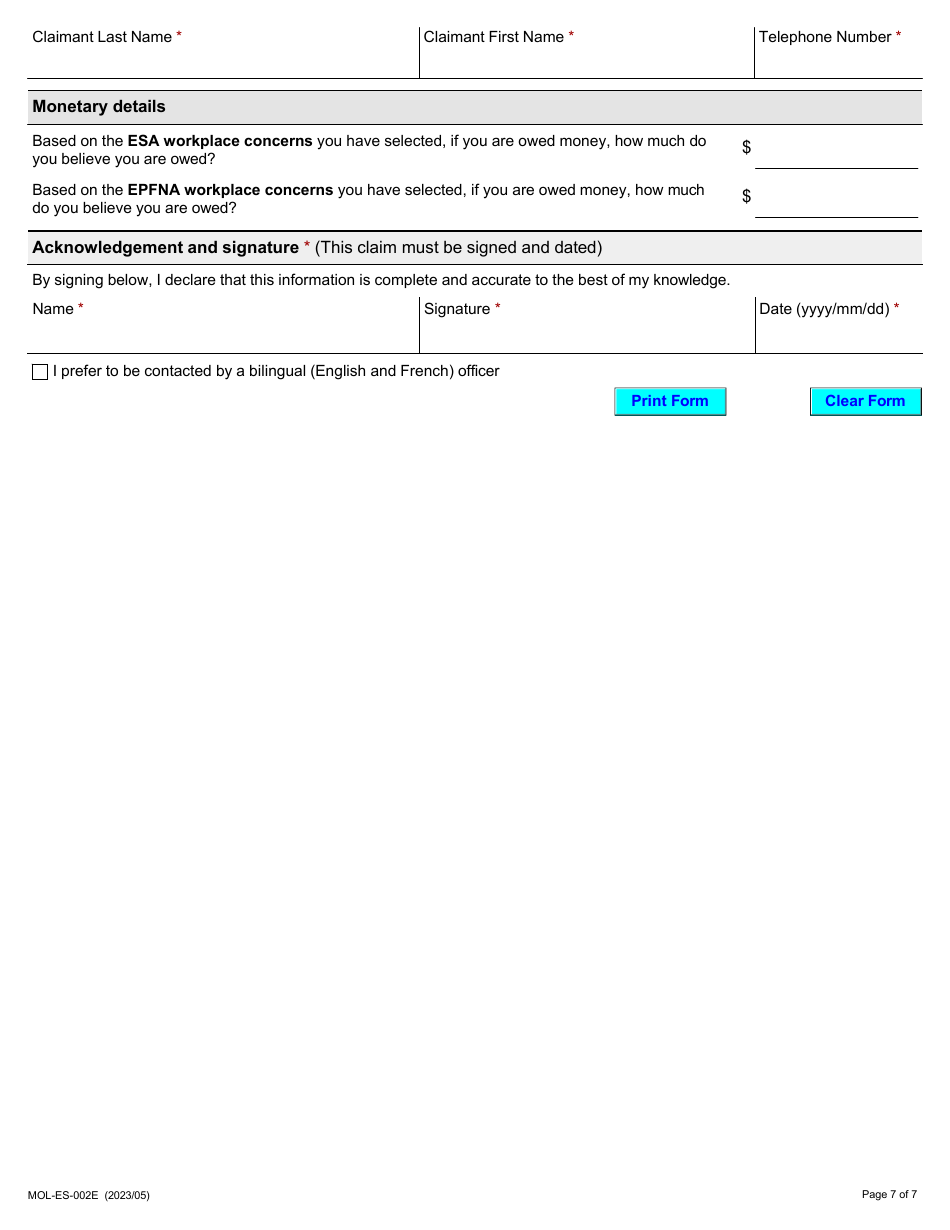 Form MOL-ES-002E Employment Standards Claim Form - Ontario, Canada, Page 7