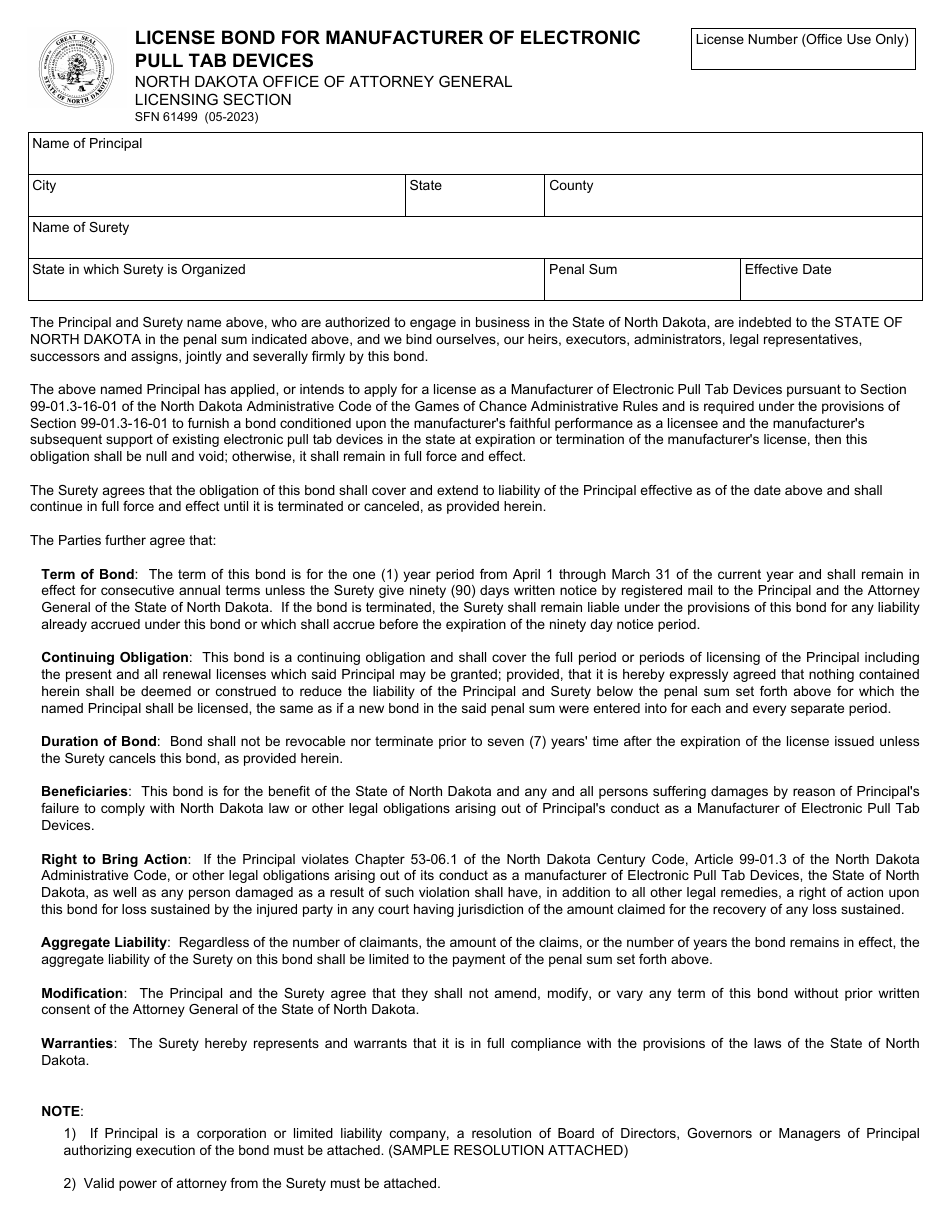 Form SFN61499 Download Fillable PDF or Fill Online License Bond for