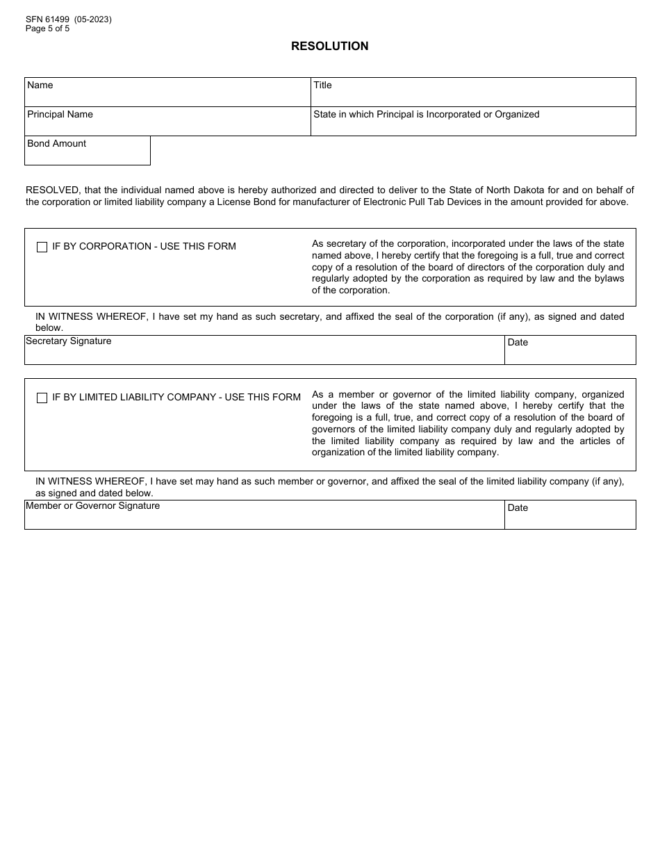 Form SFN61499 License Bond for Manufacturer of Electronic Pull Tab Devices - North Dakota, Page 5