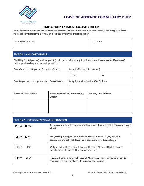 Form DOP-L14 Military Leave of Absence Employment Status Documentation Form - West Virginia
