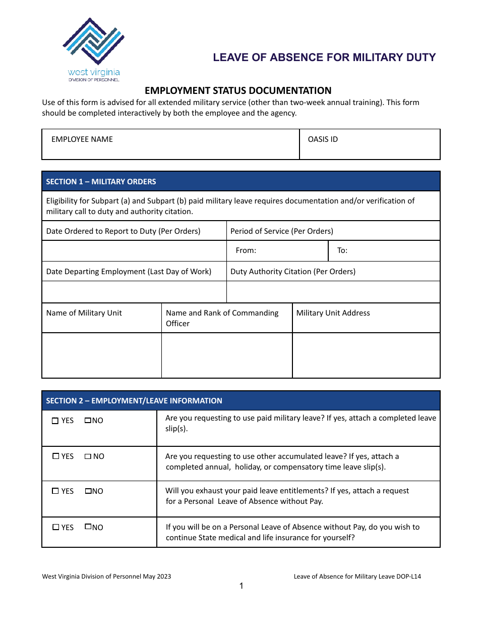 Form DOP-L14 Military Leave of Absence Employment Status Documentation Form - West Virginia, Page 1