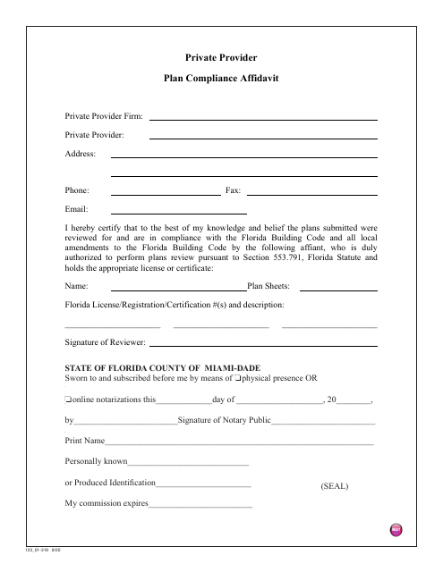 Form 123_01-319 Private Provider Plan Compliance Affidavit - Miami-Dade County, Florida