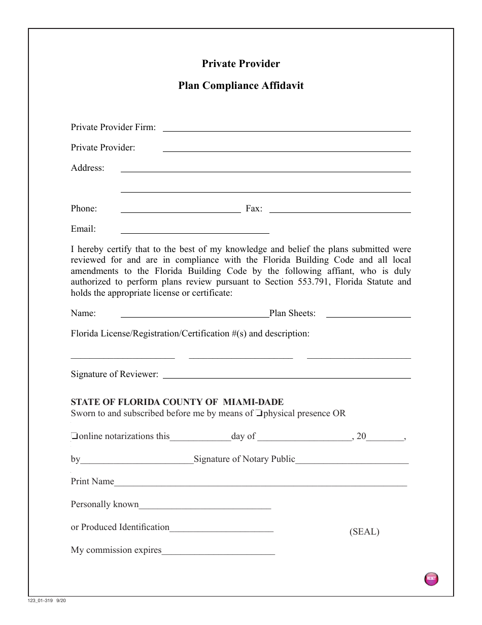 Form 123_01-319 Private Provider Plan Compliance Affidavit - Miami-Dade County, Florida, Page 1