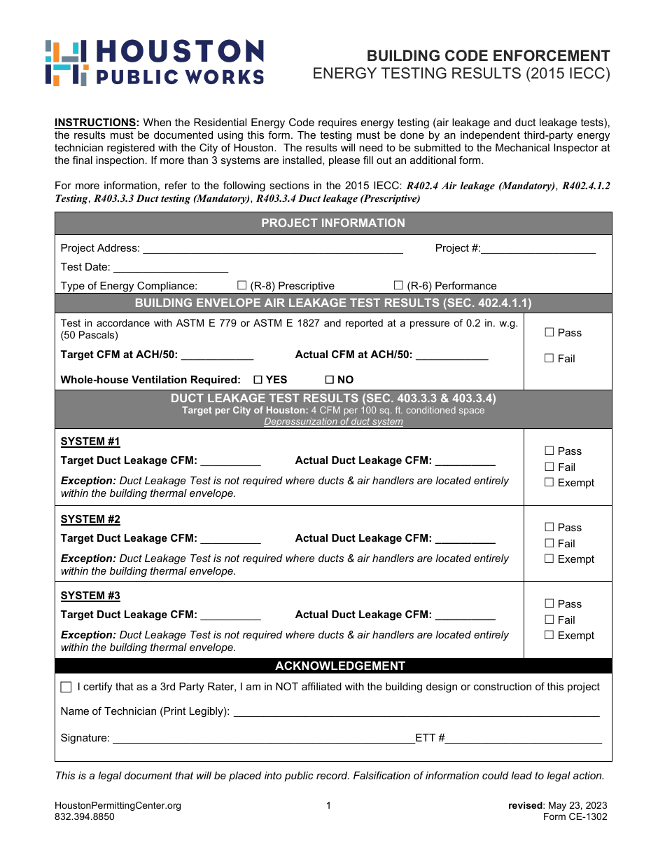 Form CE-1302 Energy Testing Results (2015 Iecc) - City of Houston, Texas, Page 1