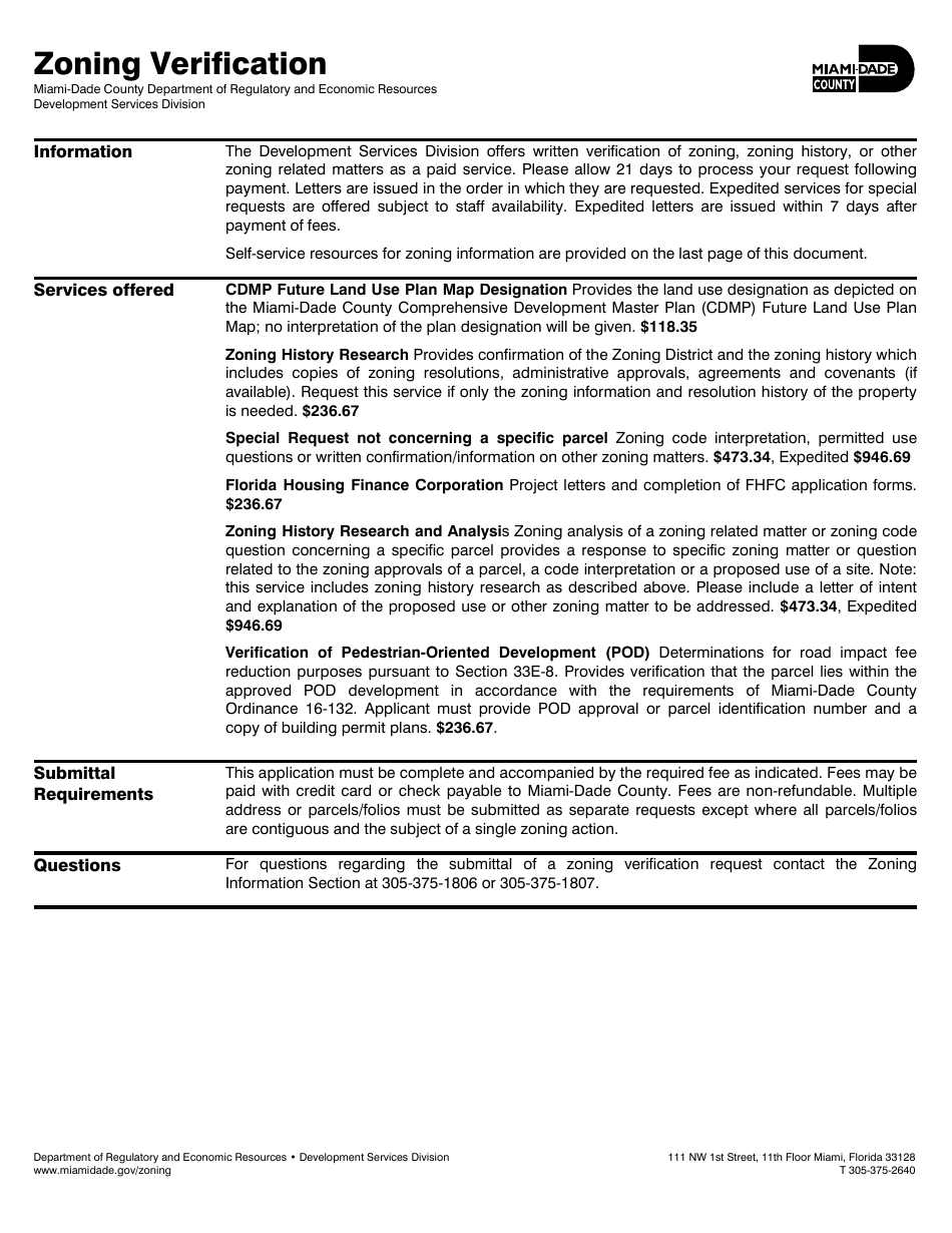 Zoning Verification Letter Request - Miami-Dade County, Florida, Page 1