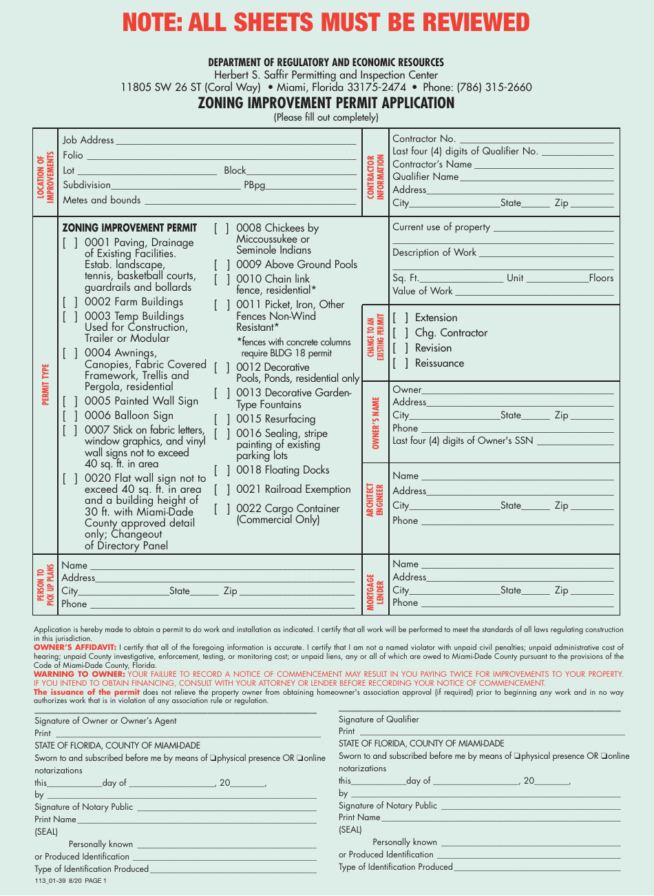 Form 113_01-39 Zoning Improvement Permit Application - Miami-Dade County, Florida, Page 1