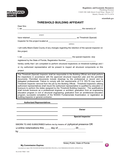 Form 123_01-324 Threshold Building Affidavit - Miami-Dade County, Florida
