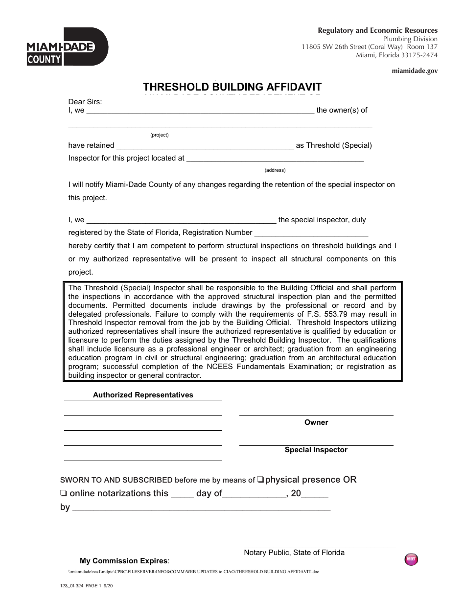 Form 123_01-324 Threshold Building Affidavit - Miami-Dade County, Florida, Page 1