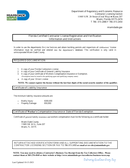 Florida Certified Contractor License Registration and Verification Form - Miami-Dade County, Florida Download Pdf