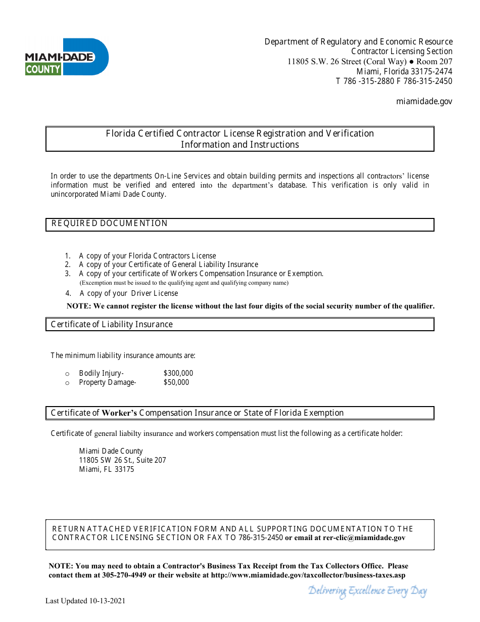Florida Certified Contractor License Registration and Verification Form - Miami-Dade County, Florida, Page 1