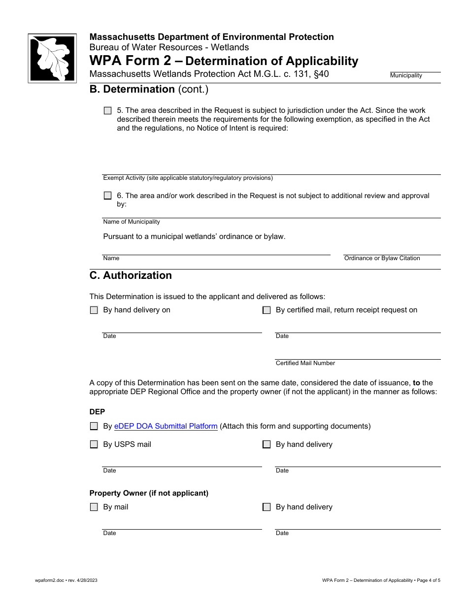 WPA Form 2 Determination of Applicability - Massachusetts, Page 4