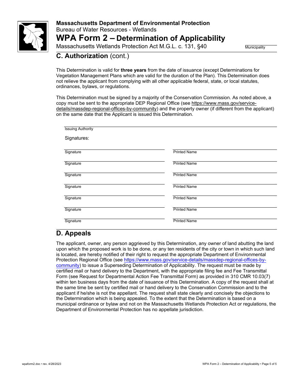 WPA Form 2 Determination of Applicability - Massachusetts, Page 5