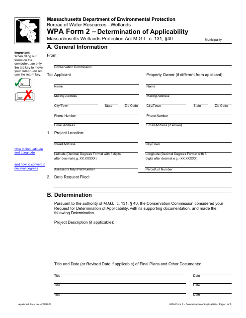 WPA Form 2 Determination of Applicability - Massachusetts