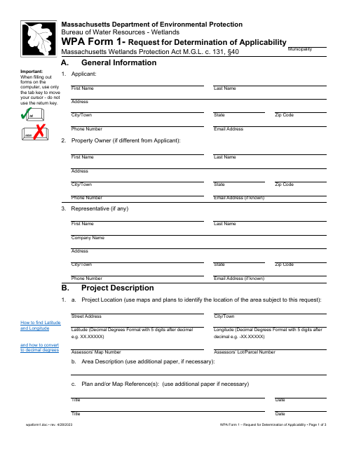 WPA Form 1 Request for Determination of Applicability - Massachusetts