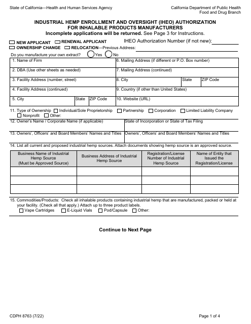 Form CDPH8763 Industrial Hemp Enrollment and Oversight (Iheo) Authorization for Inhalable Products Manufacturers - California