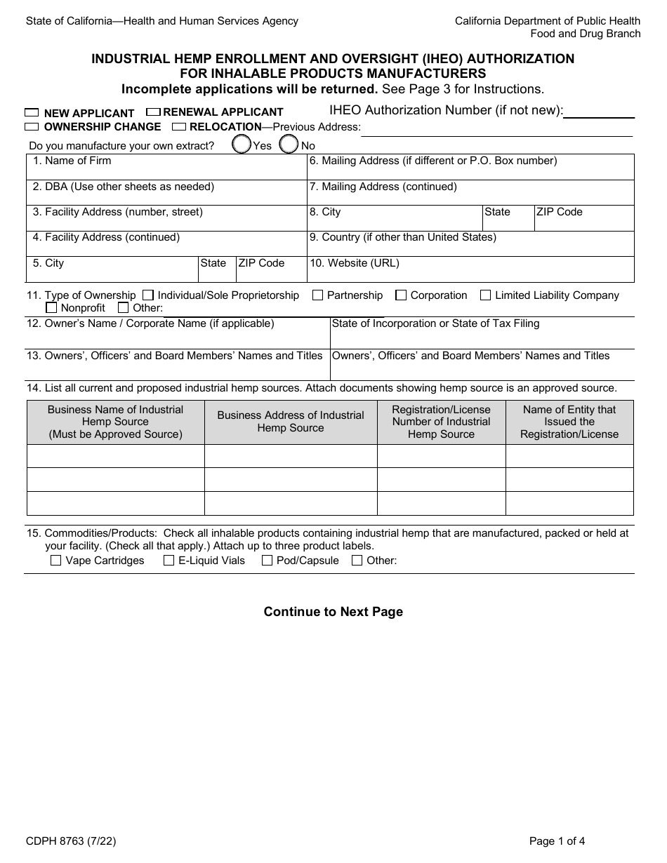 Form CDPH8763 Industrial Hemp Enrollment and Oversight (Iheo) Authorization for Inhalable Products Manufacturers - California, Page 1