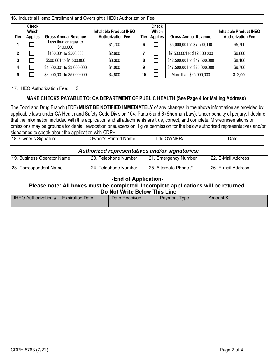 Form CDPH8763 Industrial Hemp Enrollment and Oversight (Iheo) Authorization for Inhalable Products Manufacturers - California, Page 2