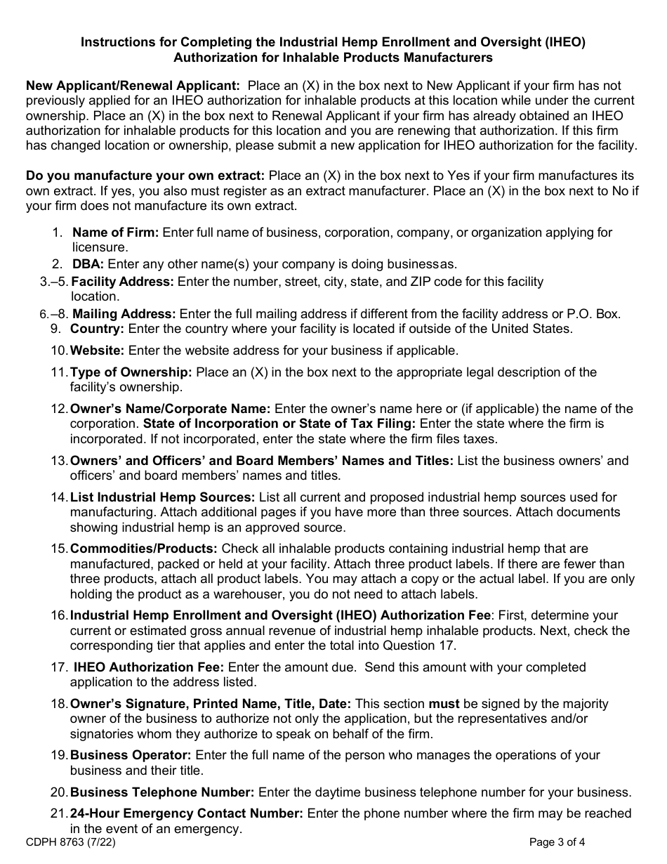 Form CDPH8763 Industrial Hemp Enrollment and Oversight (Iheo) Authorization for Inhalable Products Manufacturers - California, Page 3