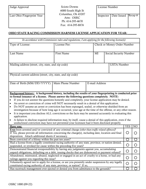 Form OSRC1000 Ohio State Racing Commission Harness License Application - Scioto Downs - Ohio