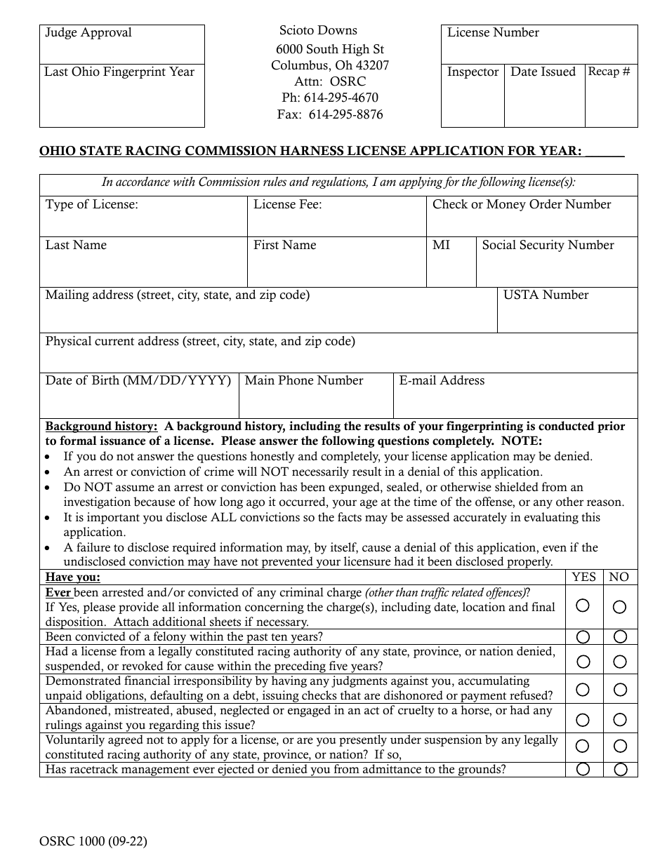 Form OSRC1000 Ohio State Racing Commission Harness License Application - Scioto Downs - Ohio, Page 1