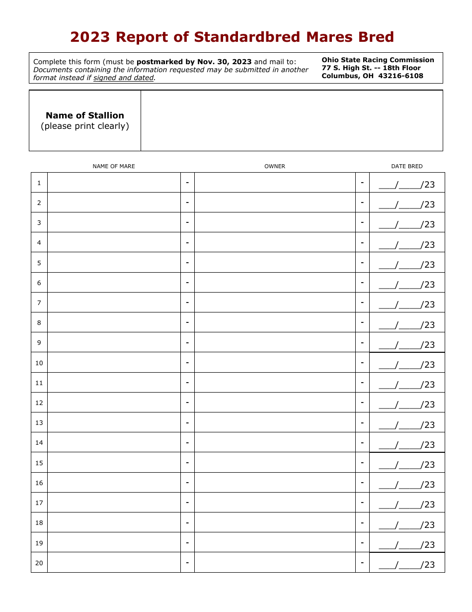 2023 Ohio Report of Standardbred Mares Bred Download Printable PDF