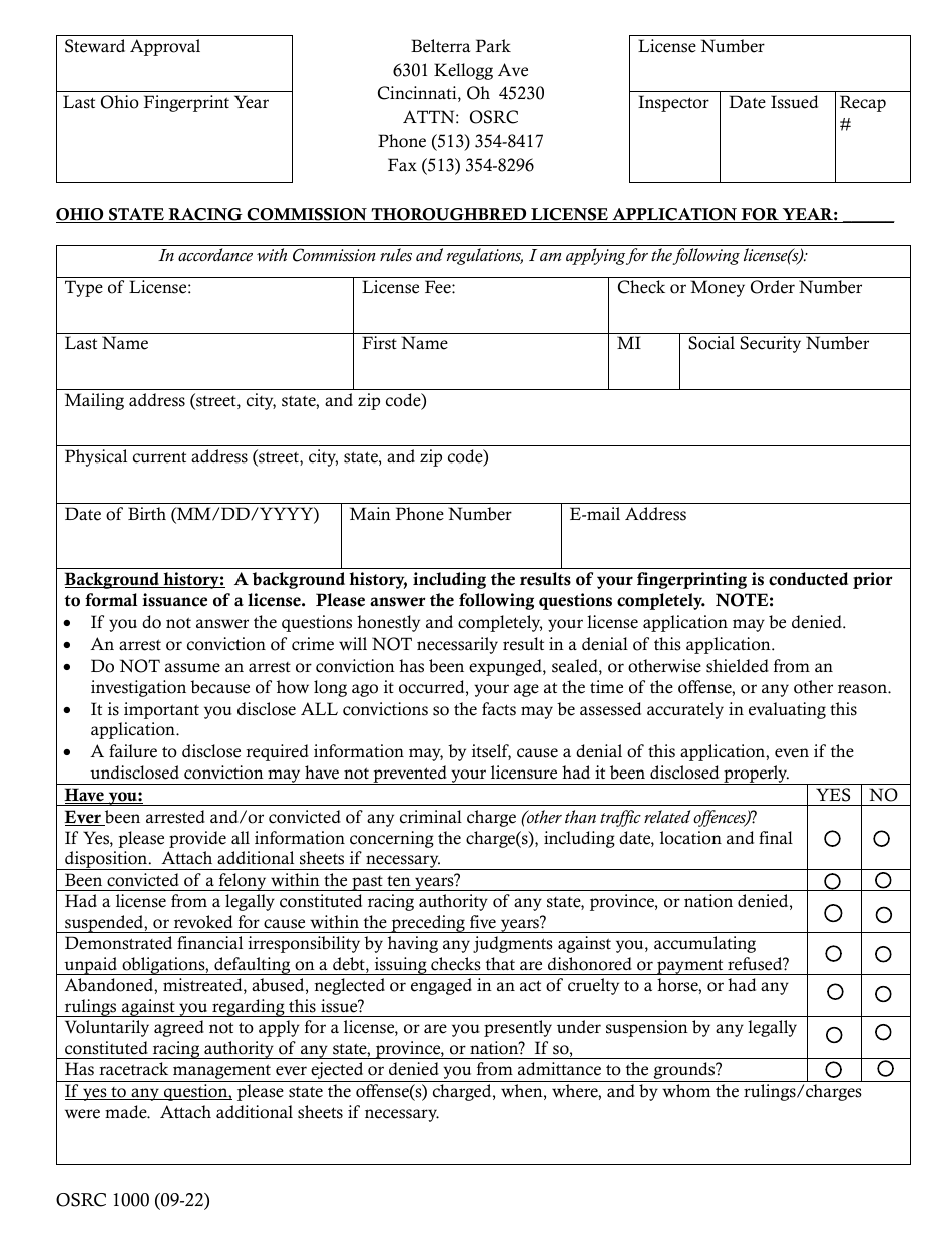 Form OSRC1000 Ohio State Racing Commission Thoroughbred License Application - Belterra Park - Ohio, Page 1