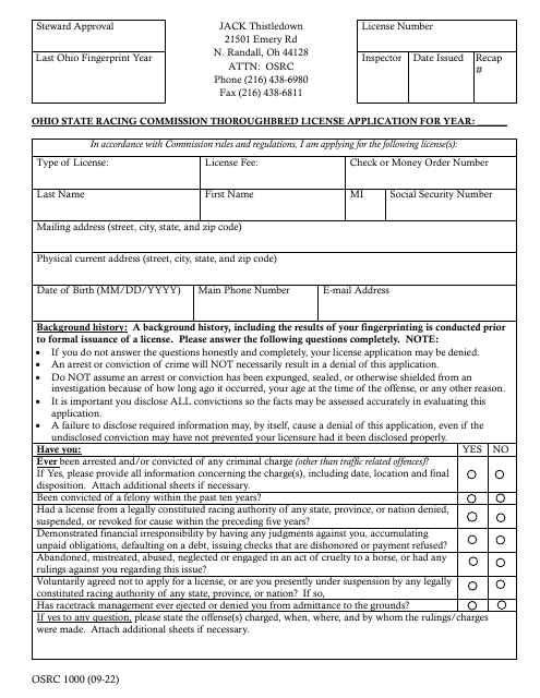 Form OSRC1000 Ohio State Racing Commission Thoroughbred License Application - Jack Thistledown - Ohio