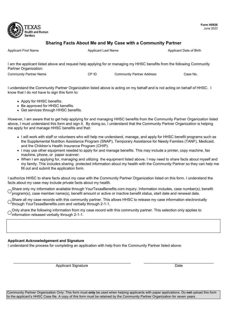 Form H0926 Sharing Facts About Me and My Case With a Community Partner - Texas, Page 1