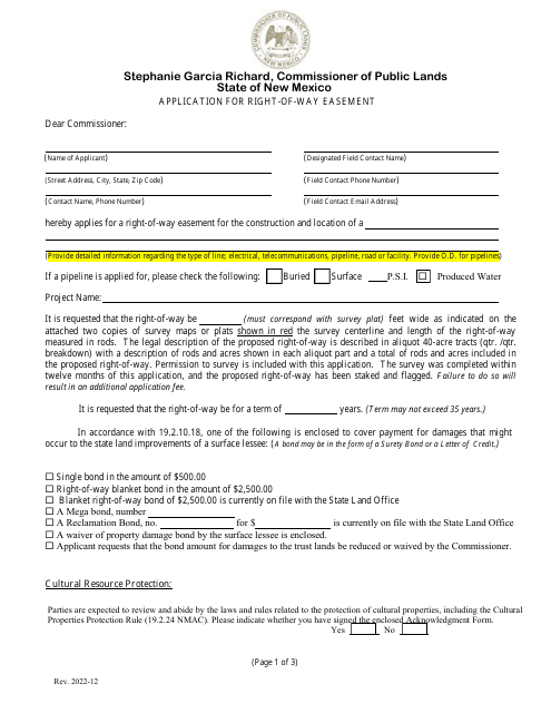 Application for Right-Of-Way Easement - New Mexico Download Pdf
